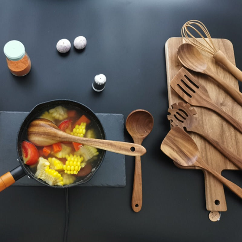 7-Piece Teak Wood Kitchenware Set, Kitchen Utensils, Spatula 3 hole, noodle scoop, flat spatula, small soup spoon, large soup spoon, rice spoon and whisk (egg beater)