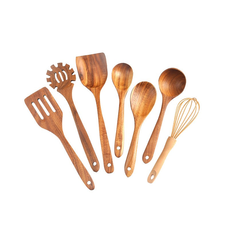 7-Piece Teak Wood Kitchenware Set, Kitchen Utensils, Spatula 3 hole, noodle scoop, flat spatula, small soup spoon, large soup spoon, rice spoon and whisk (egg beater)