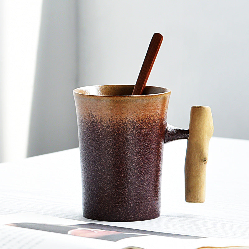 Rustic Style Glazed Ceramic Mug with Wooden Handle