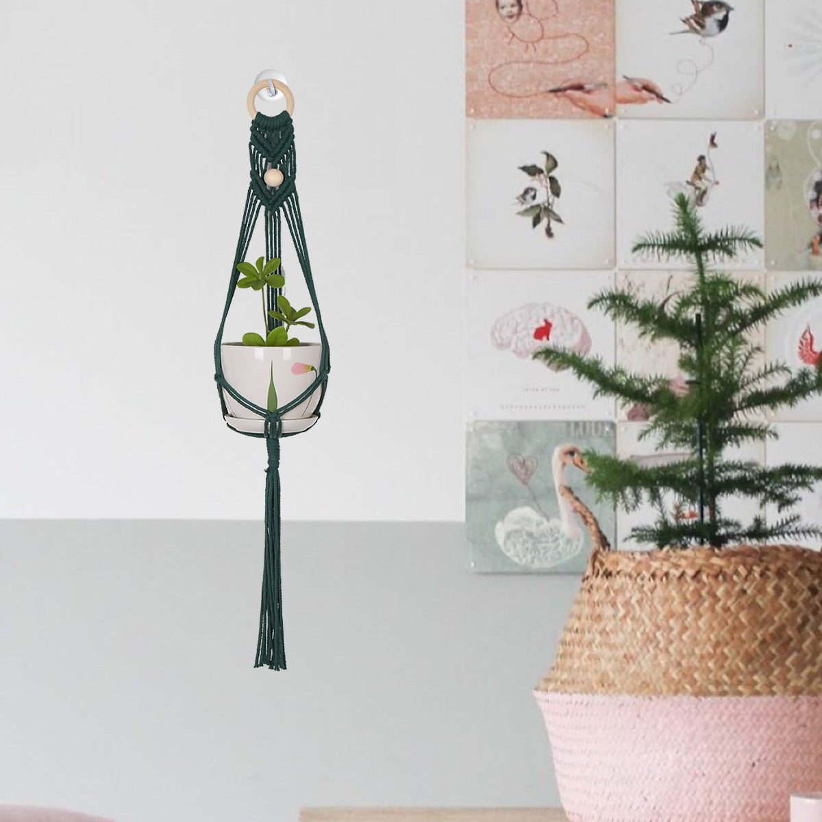 Green Bohemian Hanging Basket Holder