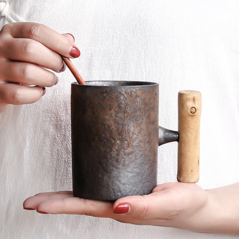 Rustic Style Glazed Ceramic Mug with Wooden Handle