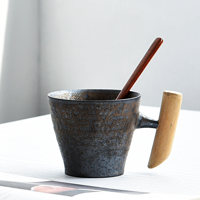 Rustic Style Glazed Ceramic Mug with Wooden Handle