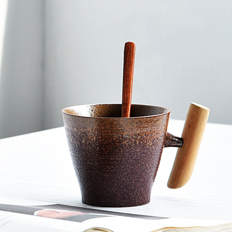 Rustic Style Glazed Ceramic Mug with Wooden Handle