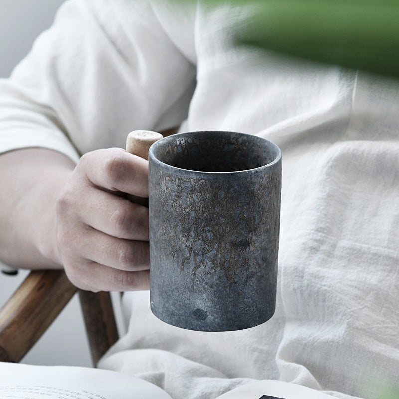 Rustic Style Glazed Ceramic Mug with Wooden Handle