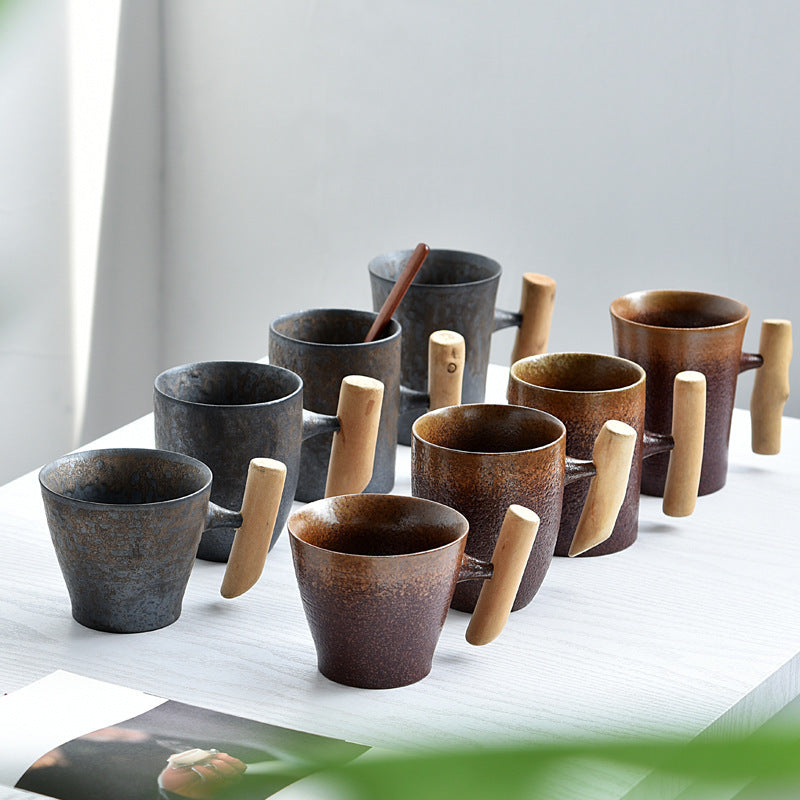 Rustic Style Glazed Ceramic Mug with Wooden Handle