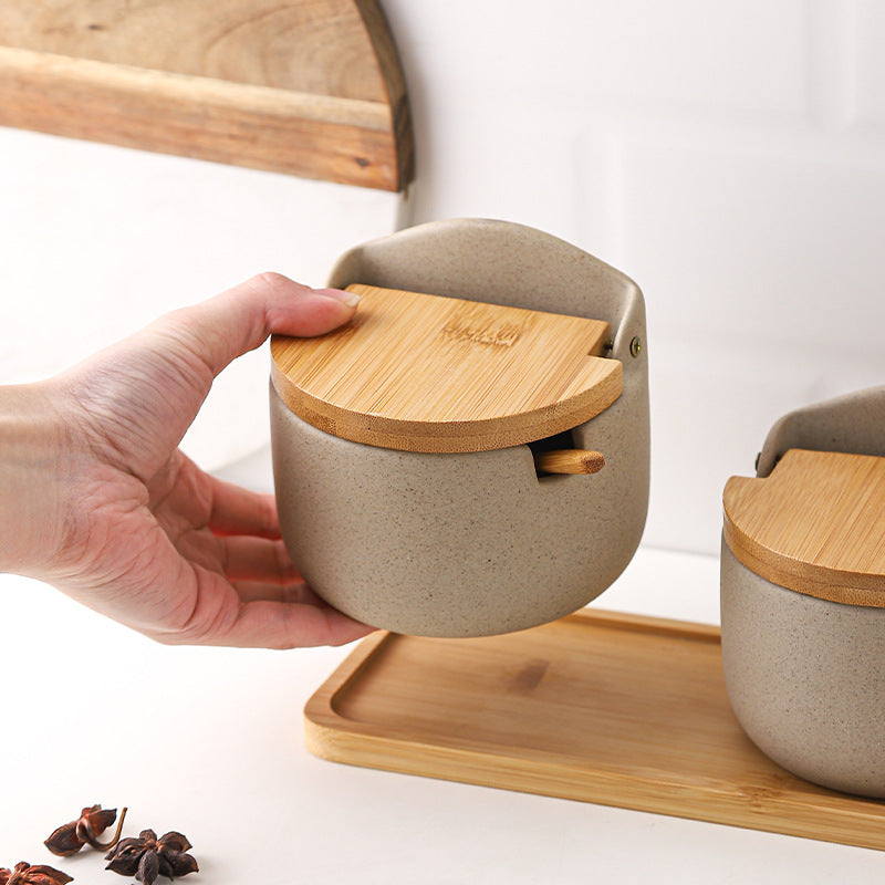 Japanese Ceramic Seasoning Jar with Bamboo Wood Lid