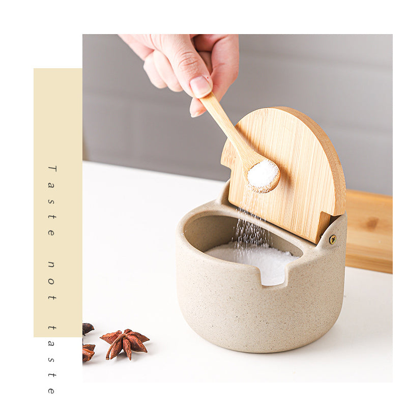 Japanese Ceramic Seasoning Jar with Bamboo Wood Lid