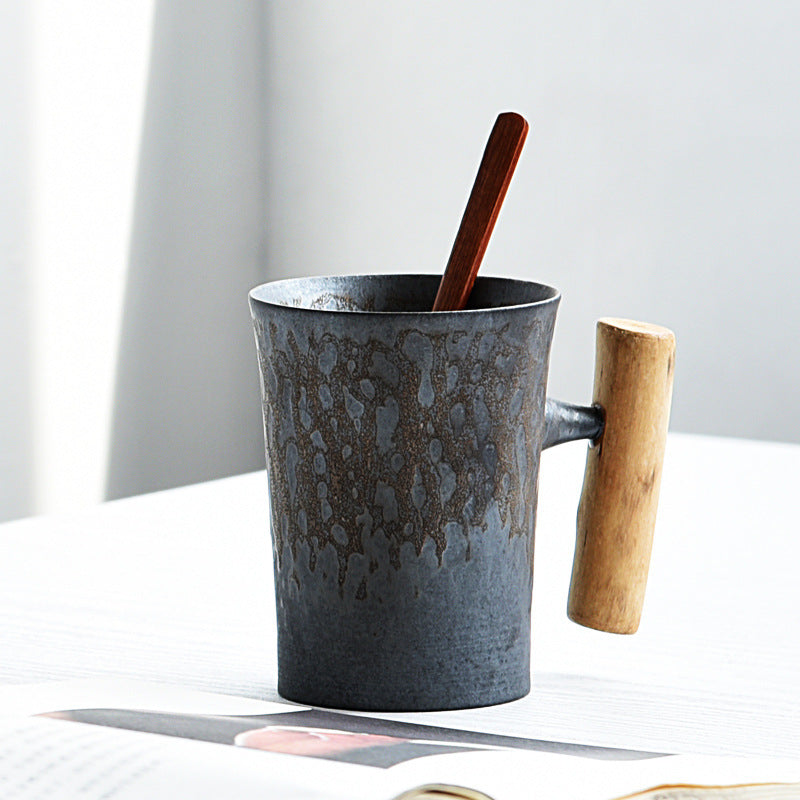 Rustic Style Glazed Ceramic Mug with Wooden Handle