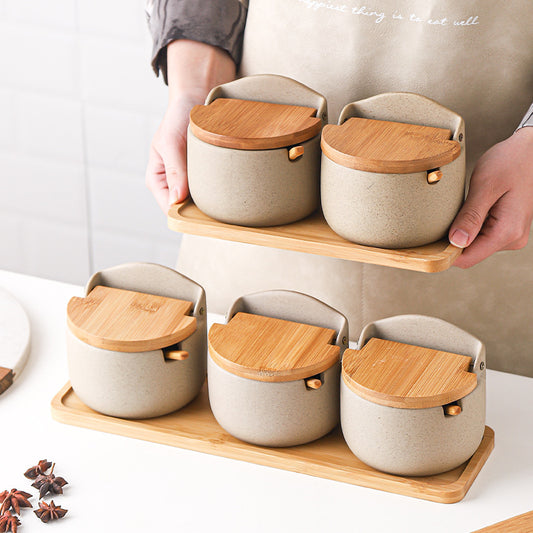 Japanese Ceramic Seasoning Jar with Bamboo Wood Lid