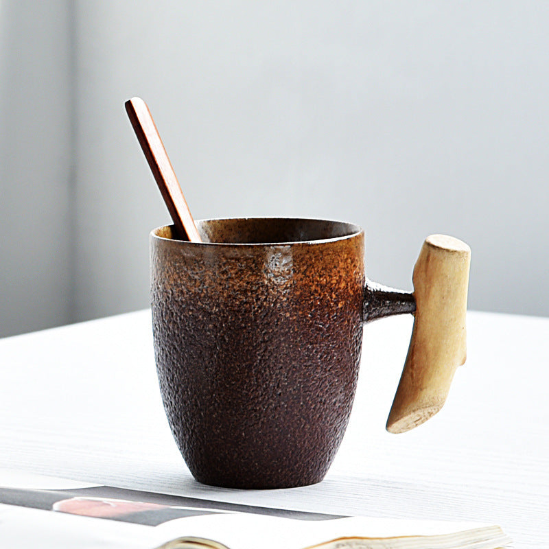 Rustic Style Glazed Ceramic Mug with Wooden Handle