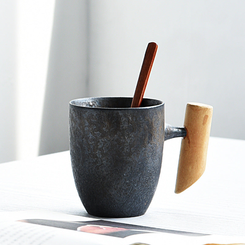 Rustic Style Glazed Ceramic Mug with Wooden Handle