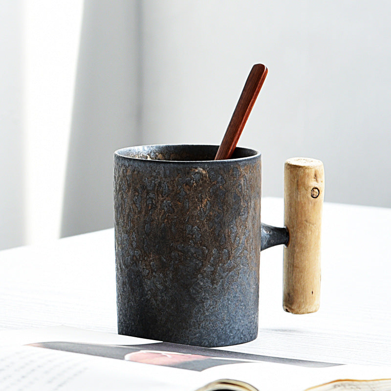 Rustic Style Glazed Ceramic Mug with Wooden Handle