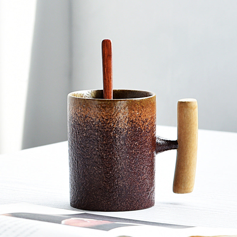 Rustic Style Glazed Ceramic Mug with Wooden Handle