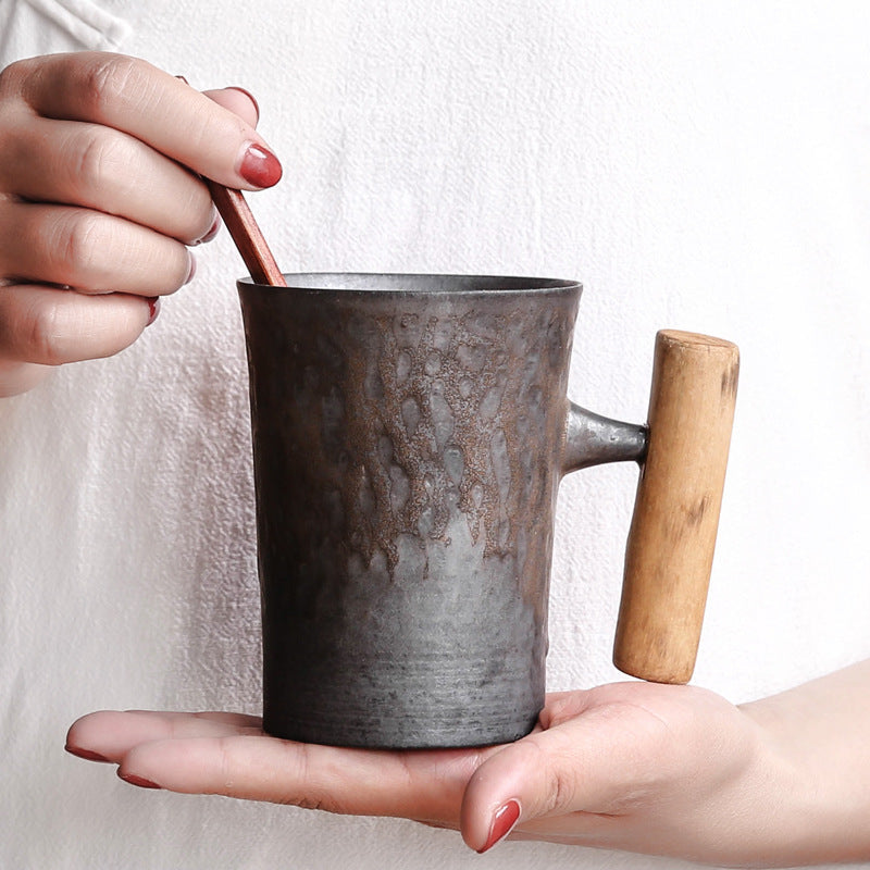 Rustic Style Glazed Ceramic Mug with Wooden Handle