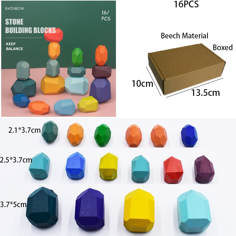 Children's Wooden Rainbow Coloured Stone Jenga Style Building Blocks - Educational Toy Creative Stacking Game