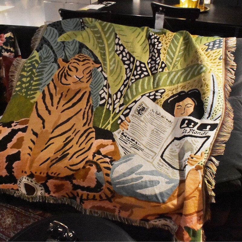 Tiger Newspaper Girl Bohemia Throw Blanket Sofa Cover