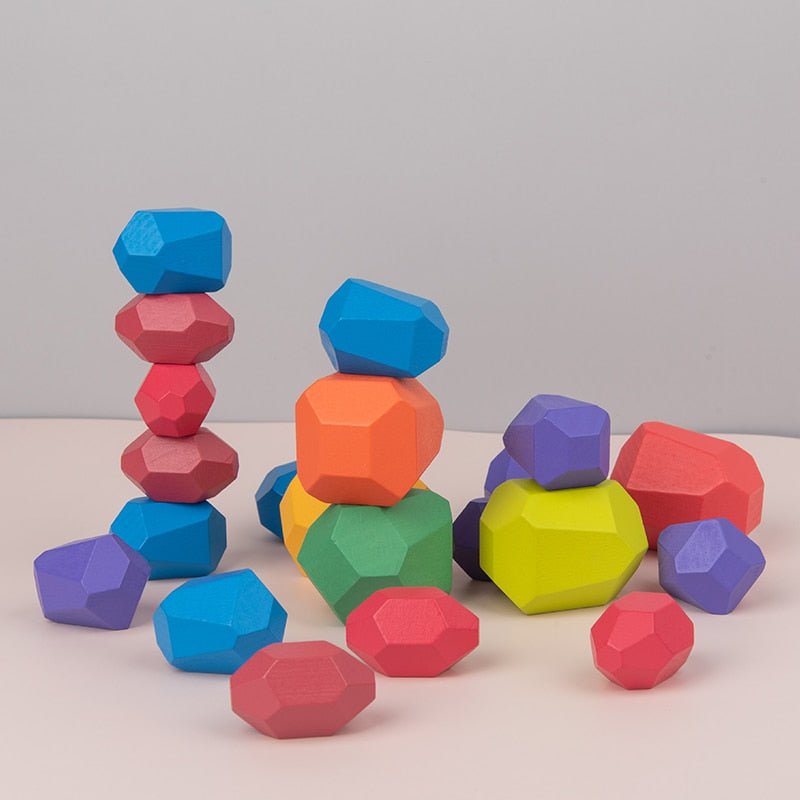 Bloques de construcción de estilo Jenga de piedra de color arcoíris de madera para niños, juego de apilamiento creativo de juguete educativo