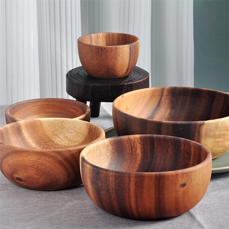 Acacia Wood Bowl Solid Wood Plate Tableware Salad Bowl Shallow Mouth Bowl