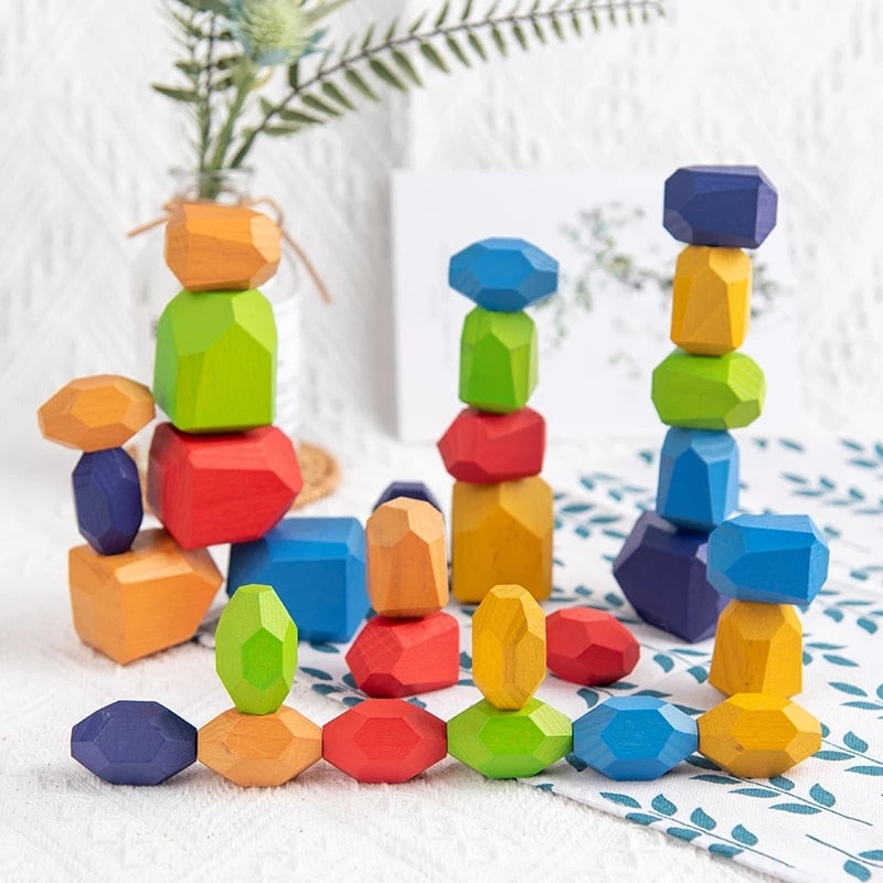 Children's Wooden Rainbow Coloured Stone Jenga Style Building Blocks - Educational Toy Creative Stacking Game