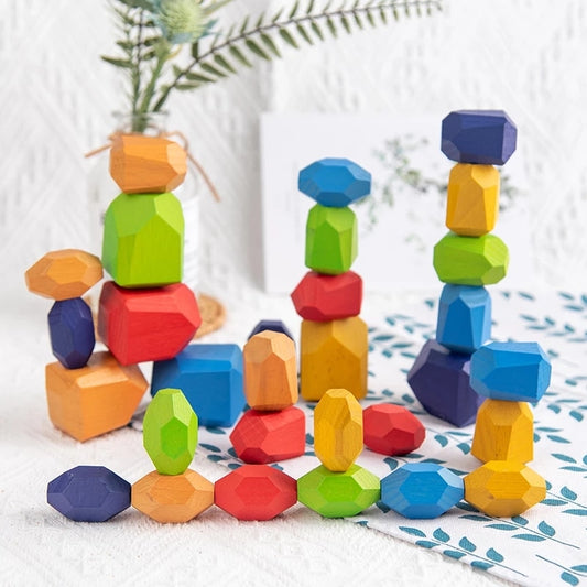 Bloques de construcción de estilo Jenga de piedra de color arcoíris de madera para niños, juego de apilamiento creativo de juguete educativo