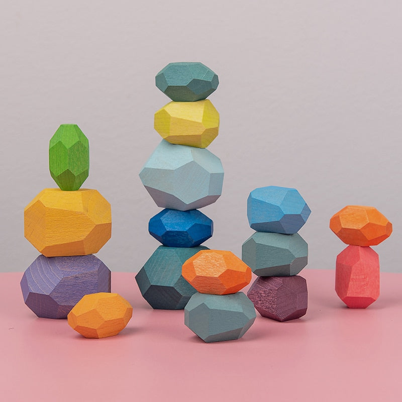 Bloques de construcción de estilo Jenga de piedra de color arcoíris de madera para niños, juego de apilamiento creativo de juguete educativo