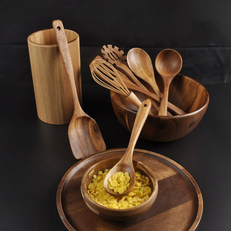 Juego de utensilios de cocina de madera de teca de 7 piezas, utensilios de cocina, espátula de 3 orificios, cuchara para fideos, espátula plana, cuchara sopera pequeña, cuchara sopera grande, cuchara para arroz y batidor (batidor de huevos)