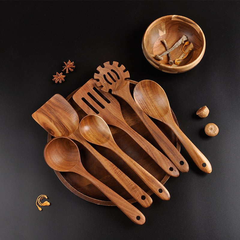 7-Piece Teak Wood Kitchenware Set, Kitchen Utensils, Spatula 3 hole, noodle scoop, flat spatula, small soup spoon, large soup spoon, rice spoon and whisk (egg beater)