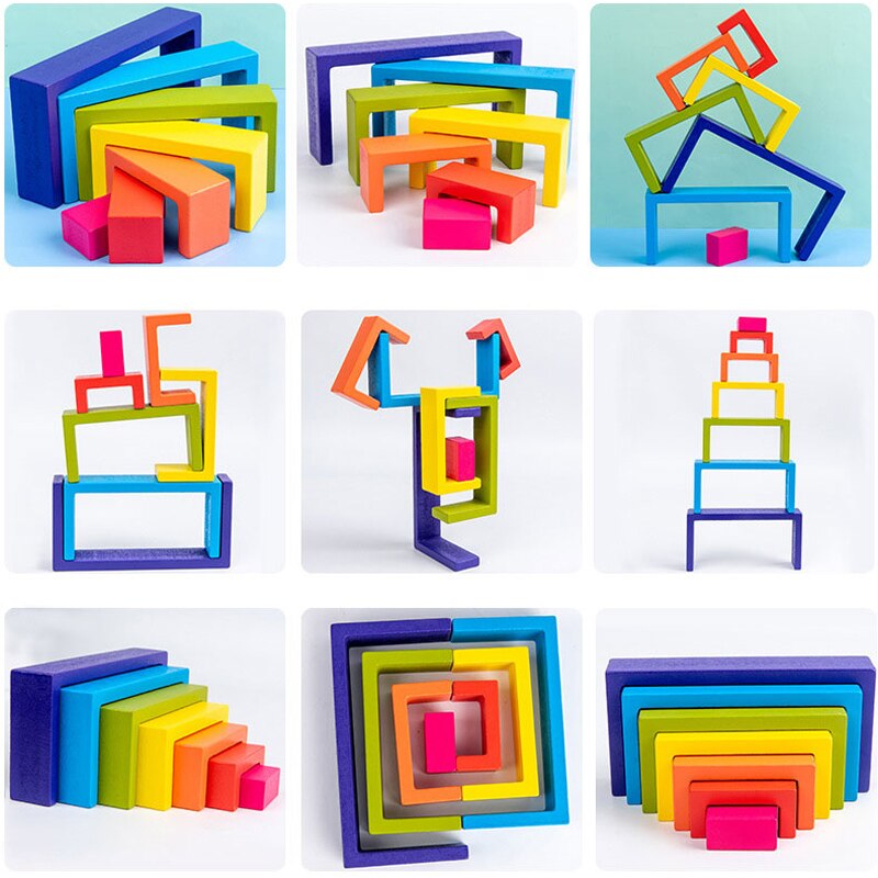 Juguetes educativos de madera del arco iris - Bloques de construcción creativos de estilo Montessori