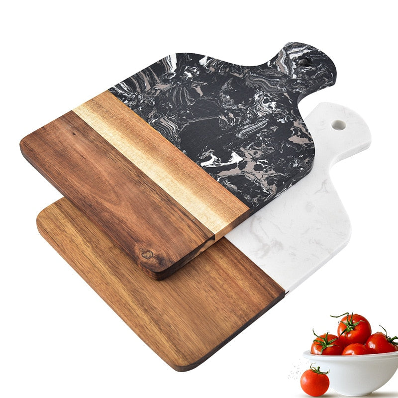 Wood n Stone - Tabla de cortar de cocina de madera de acacia y mármol, bloques de corte antideslizantes, tabla de frutas o queso, bandeja para bistec o pizza