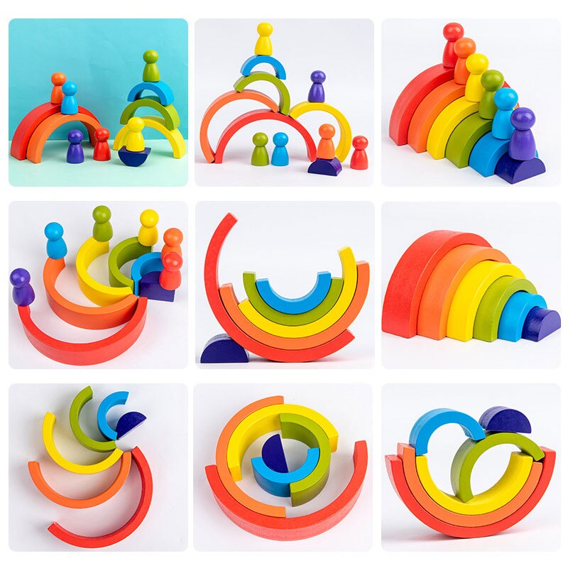 Juguetes educativos de madera del arco iris - Bloques de construcción creativos de estilo Montessori